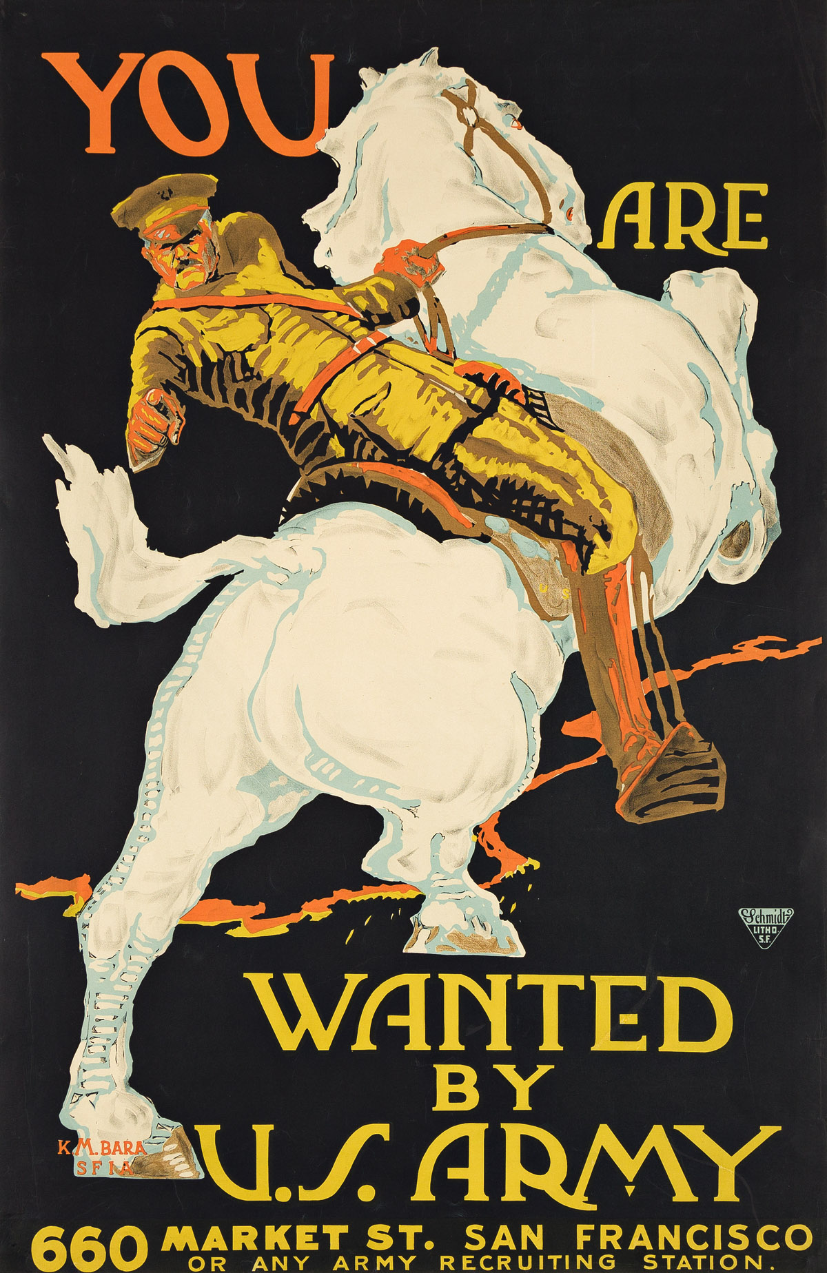 K.M. BARA (DATES UNKNOWN).  YOU ARE WANTED BY U.S. ARMY. Circa 1918. 41¼x26¾ inches, 104¾x68 cm. Schmidt Litho., San Francisco.